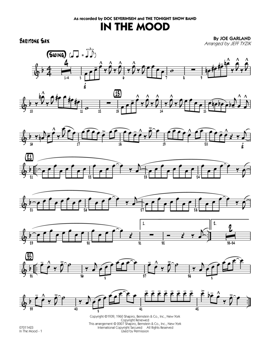 In The Mood (The Tonight Show version) - Baritone Sax Baritone Saxophone scores gallery preview page 1