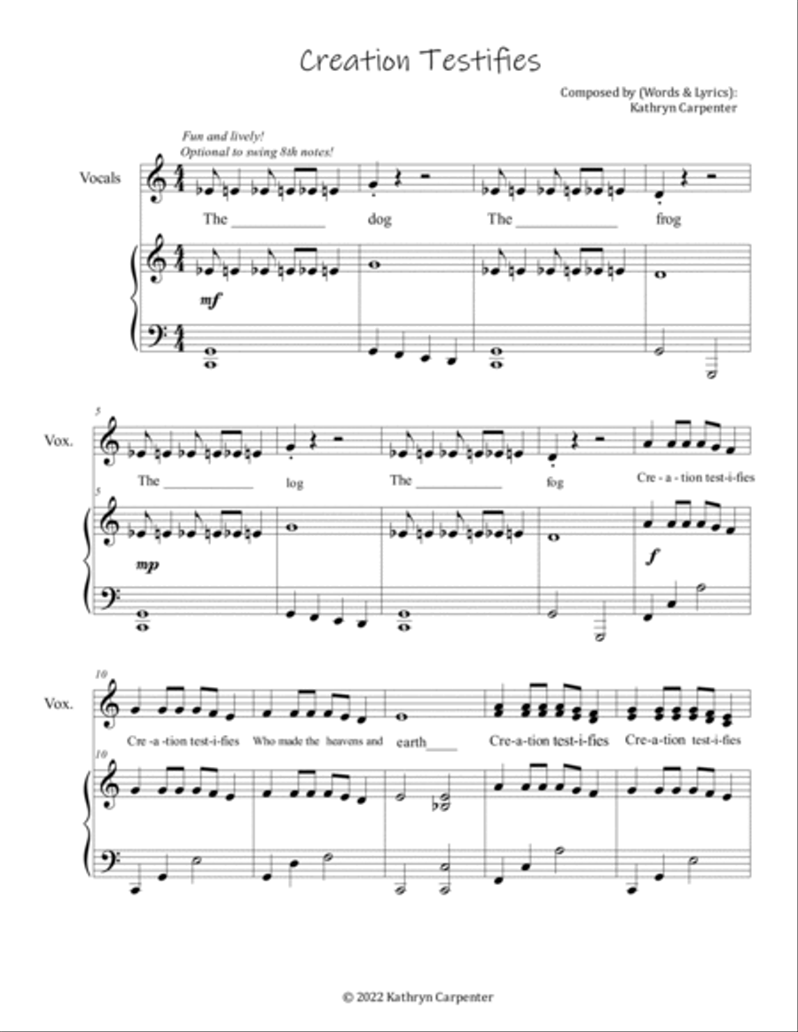Creation (Creation Testifies, Kids Choir) 2-Part scores gallery preview page 2