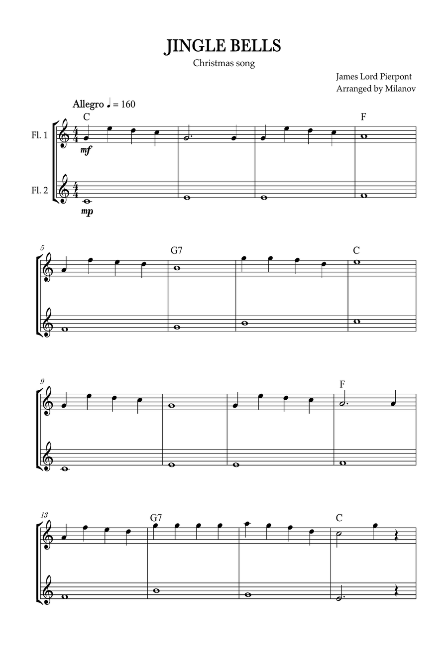 Jingle Bells | Pierpont | Christmas song | flute duet | easy | chords | C Major Flute Duet scores gallery preview page 1