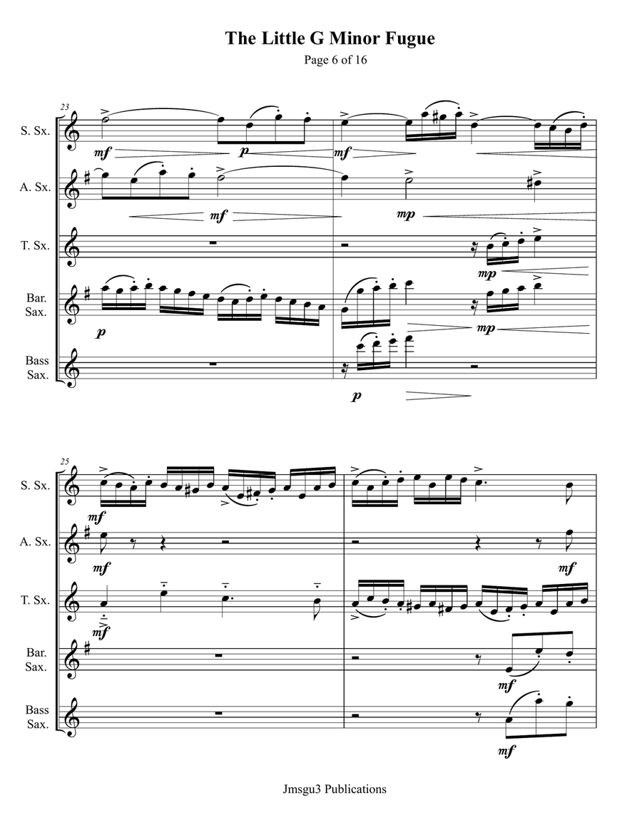 Bach: The Little Fugue in G Minor BWV 578 for Saxophone Quintet Saxophone Quintet scores gallery preview page 6