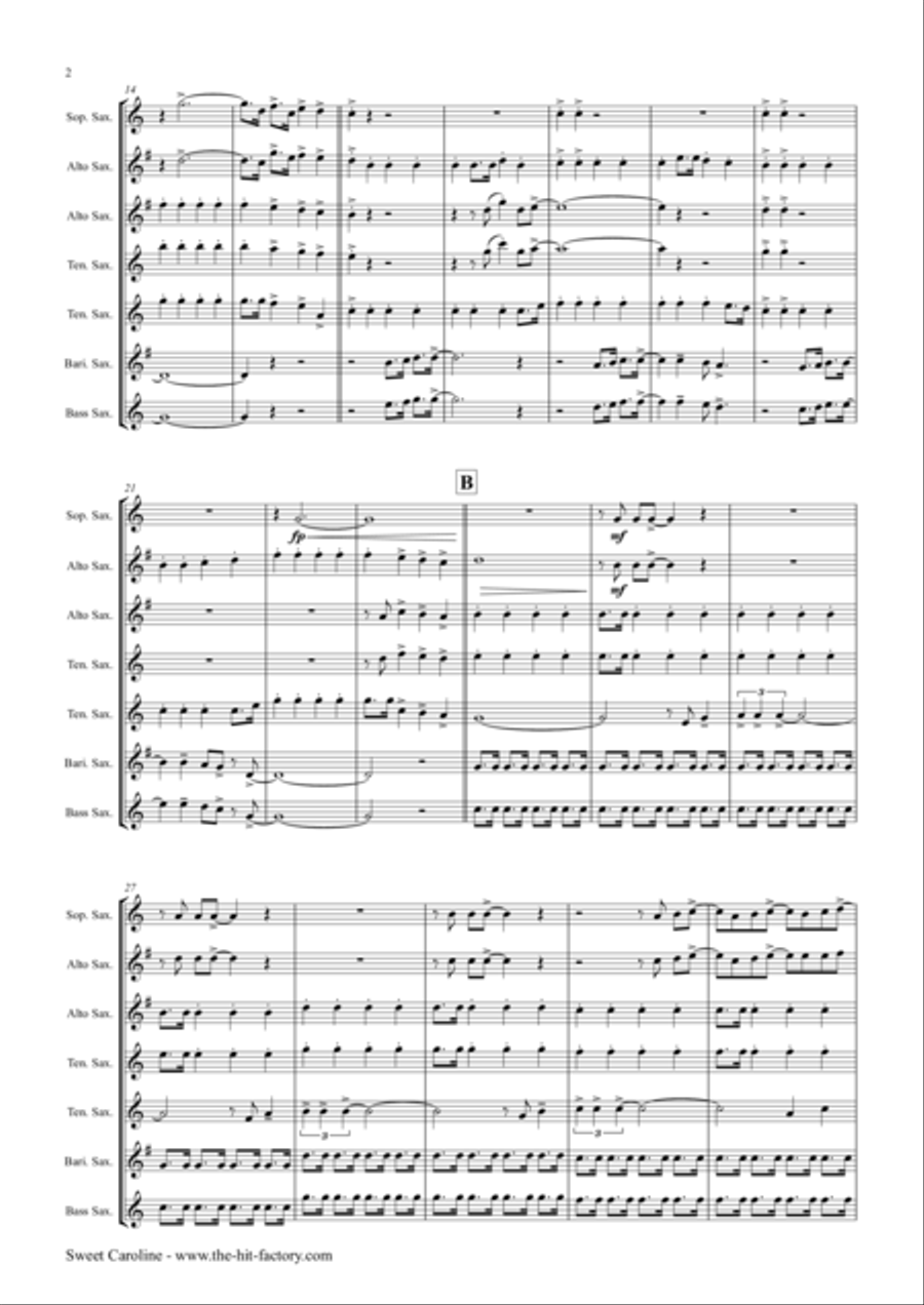 Sweet Caroline Saxophone Quintet scores gallery preview page 2