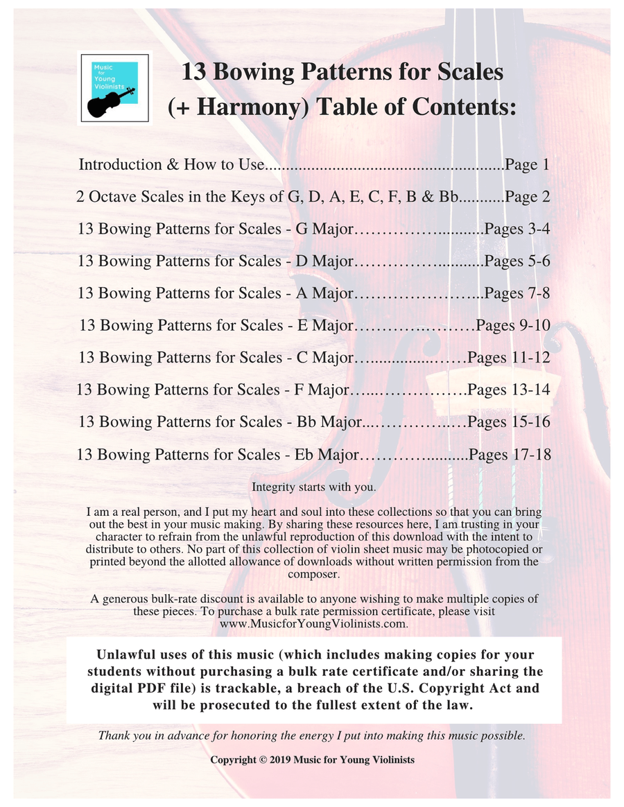 13 Bowing Patterns for Scales (+ Harmony) in the Keys of G, D, A, E, C, F, Bb & Eb Violin Solo scores gallery preview page 3