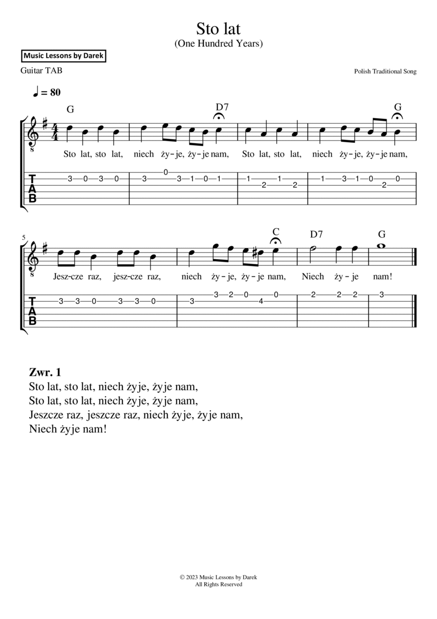 Sto lat (One Hundred Years), Polish Traditional Song [GUITAR TAB] Guitar Tablature scores gallery preview page 1