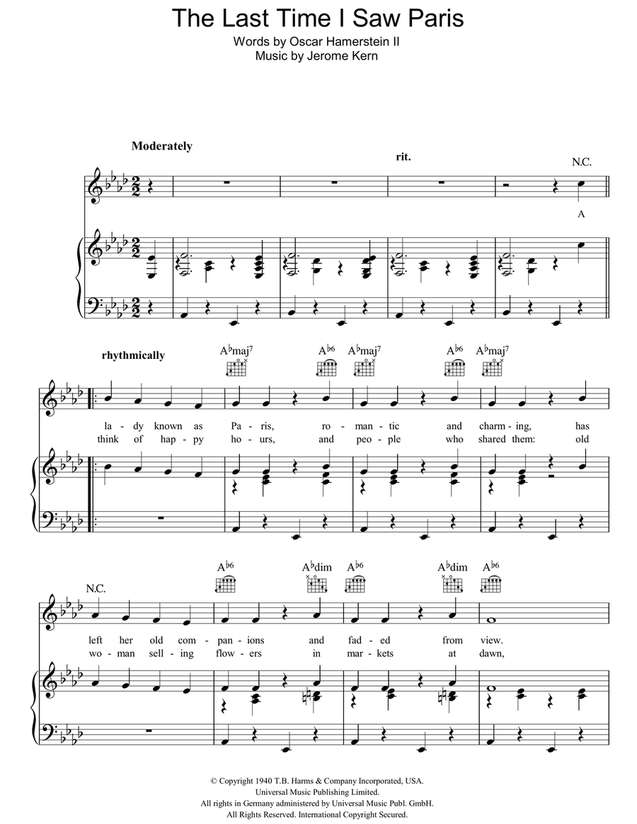 The Last Time I Saw Paris Piano, Vocal, Guitar scores gallery preview page 1