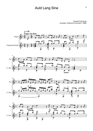 Scottish Folk Song - Auld Lang Sine. Arrangement for Violin and Classical Guitar. Score and Parts.