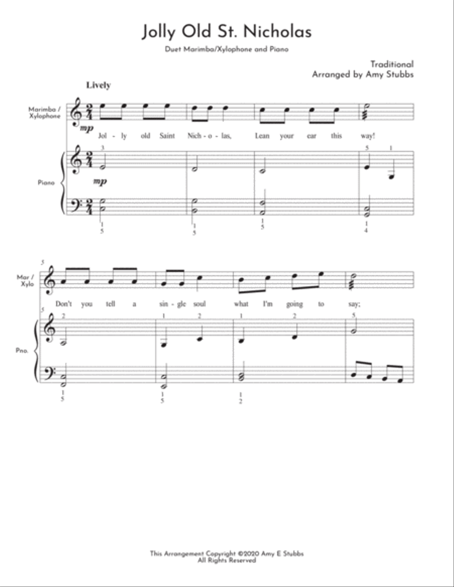 Jolly Old St. Nicholas Duet for Marimba / Xylophone and Piano