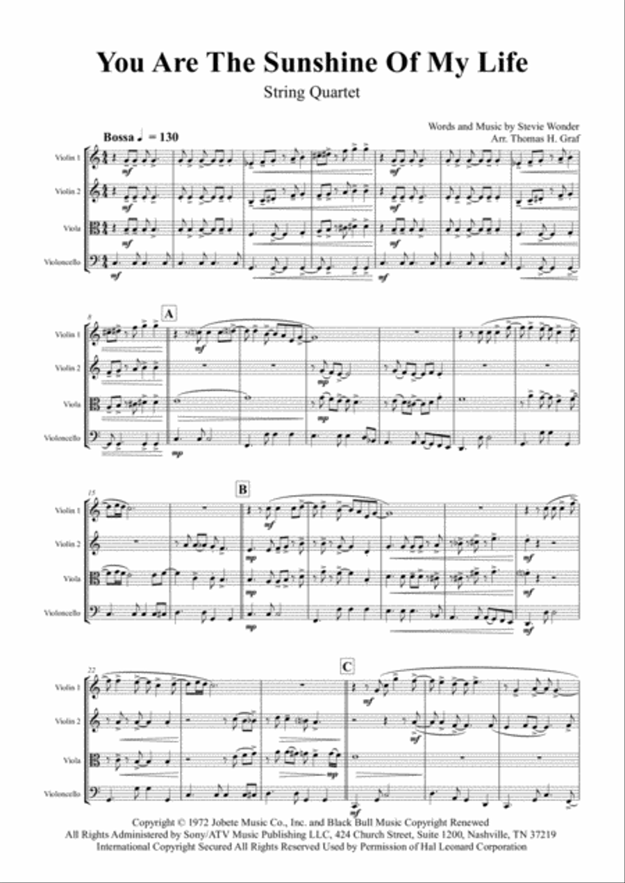 You Are The Sunshine Of My Life String Quartet scores gallery preview page 2