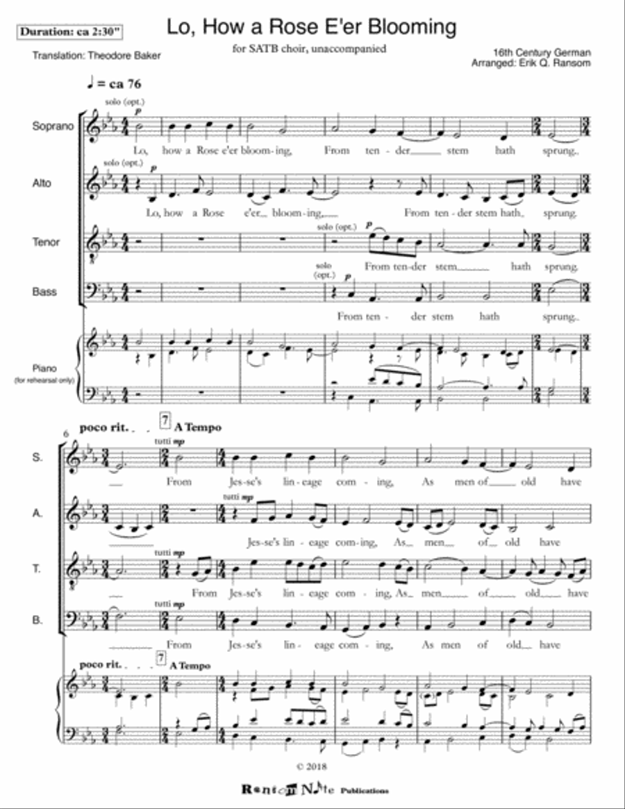 Lo, How a Rose E'er Blooming for SATB choir 4-Part scores gallery preview page 1