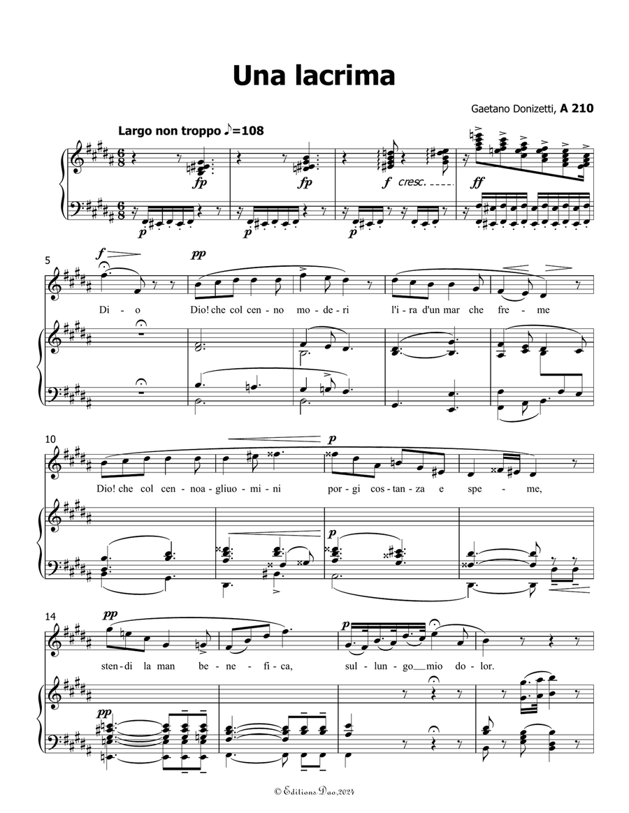 Una lacrima, by Donizetti, A 210, in B Major Piano, Vocal scores gallery preview page 3