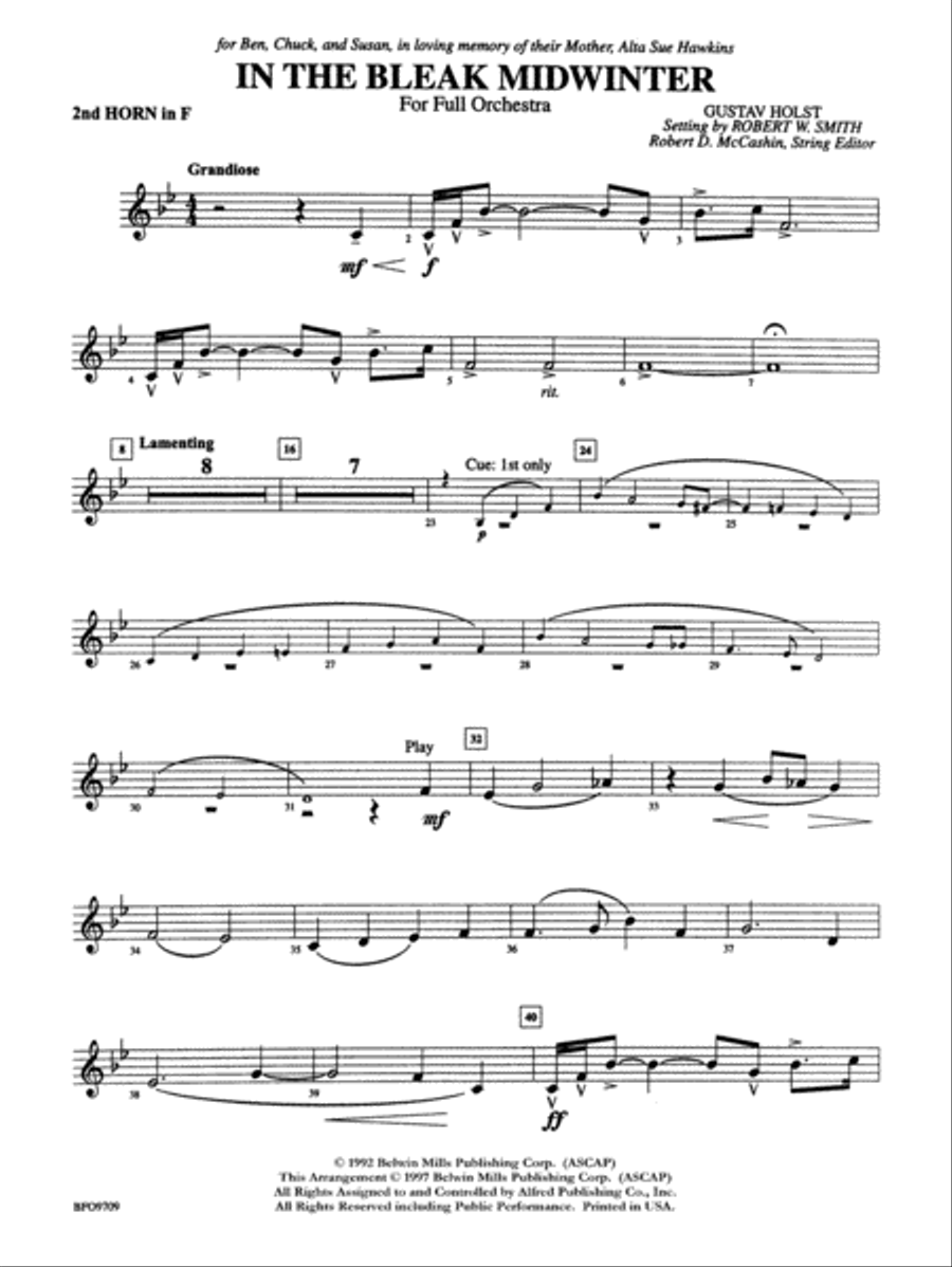 In the Bleak Midwinter: 2nd F Horn Full Orchestra scores gallery preview page 1