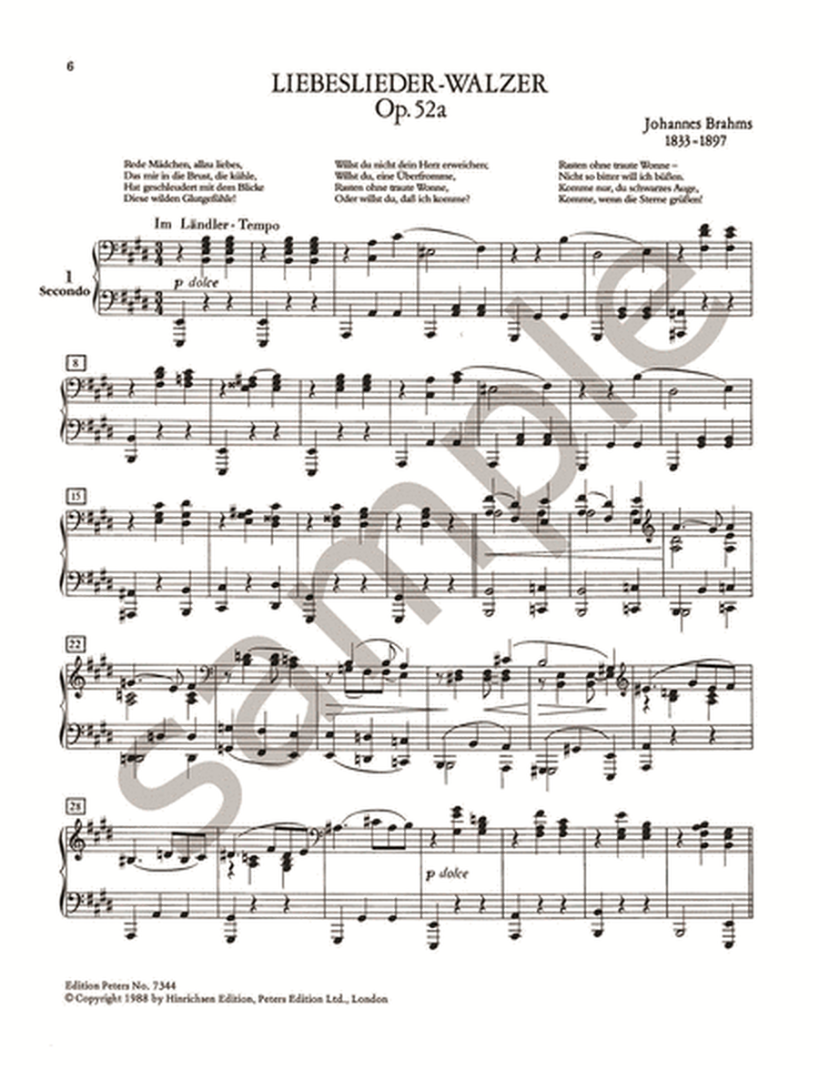 Liebeslieder-Walzer Op. 52a; Neue Liebeslieder-Walzer Op. 65a for Piano Duet