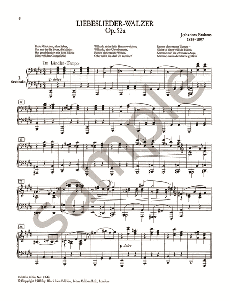 Liebeslieder-Walzer Op. 52a; Neue Liebeslieder-Walzer Op. 65a for Piano Duet by Johannes Brahms Piano Duet - Sheet Music