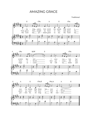 AMAZING GRACE - for piano and alto in E major with chords