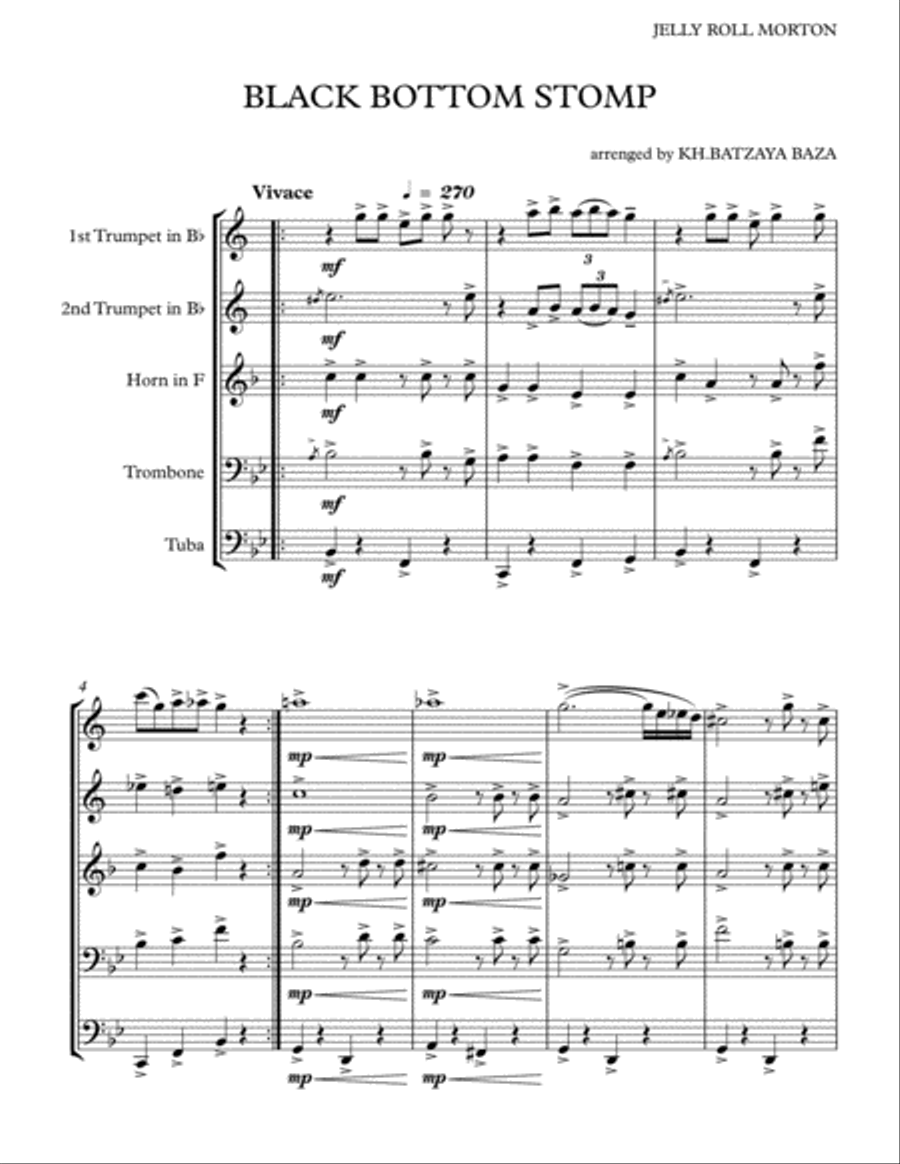 JELLY ROLL MORTON. BLACK BOTTOM STOMP . brass quintet .arrenged by KHUUSHAAN BATZAYA Brass Quintet scores gallery preview page 1