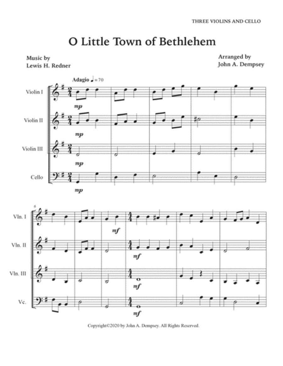 O Little Town of Bethlehem (String Quartet): Three Violins and Cello image number null