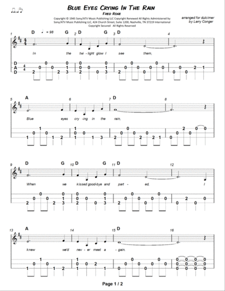 Blue Eyes Crying In The Rain Dulcimer scores gallery preview page 2