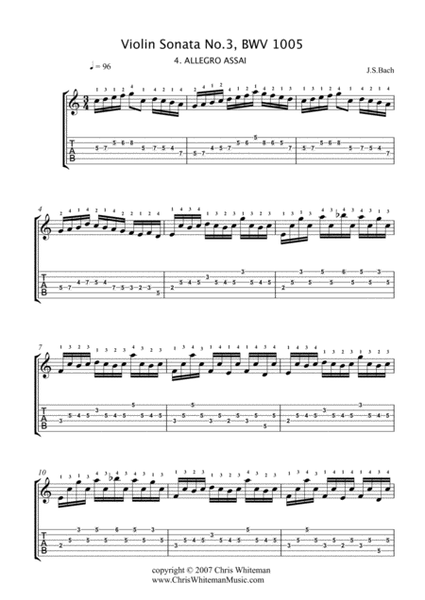 Bach Violin Sonata No. 3, BWV 1005, 4. Allegro Assai - For Guitar