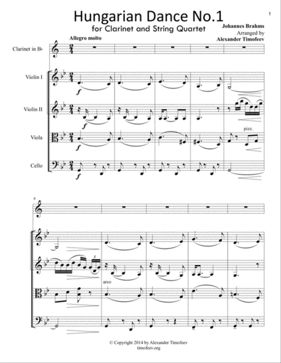 Hungarian Dance No.1, for Clarinet and String Quartet String Quartet scores gallery preview page 1