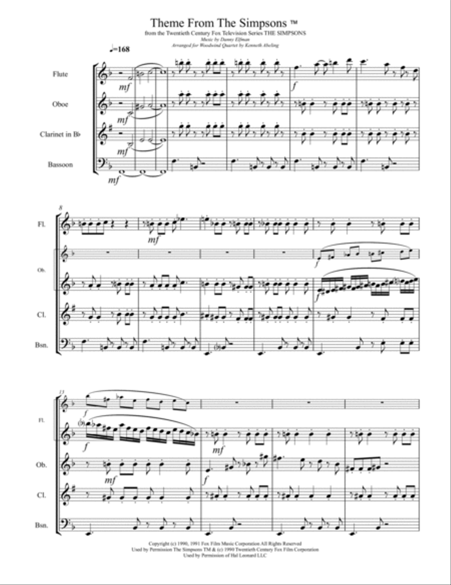 Theme From The Simpsons TM from the Twentieth Century Fox Television Series THE SIMPSONS Woodwind Quartet scores gallery preview page 2