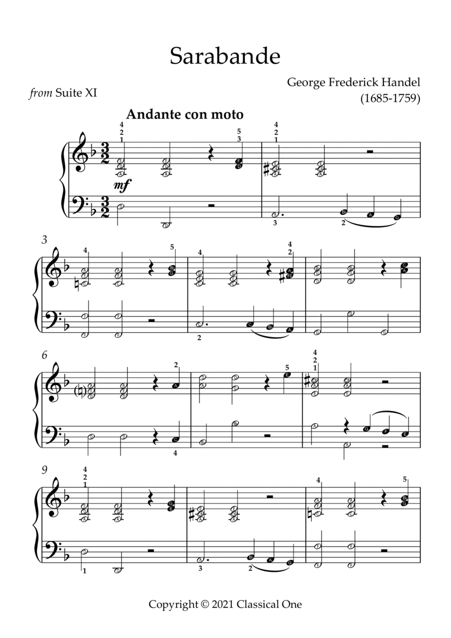 Handel - Sarabande (from suite xi)(With Note name) Easy Piano scores gallery preview page 1
