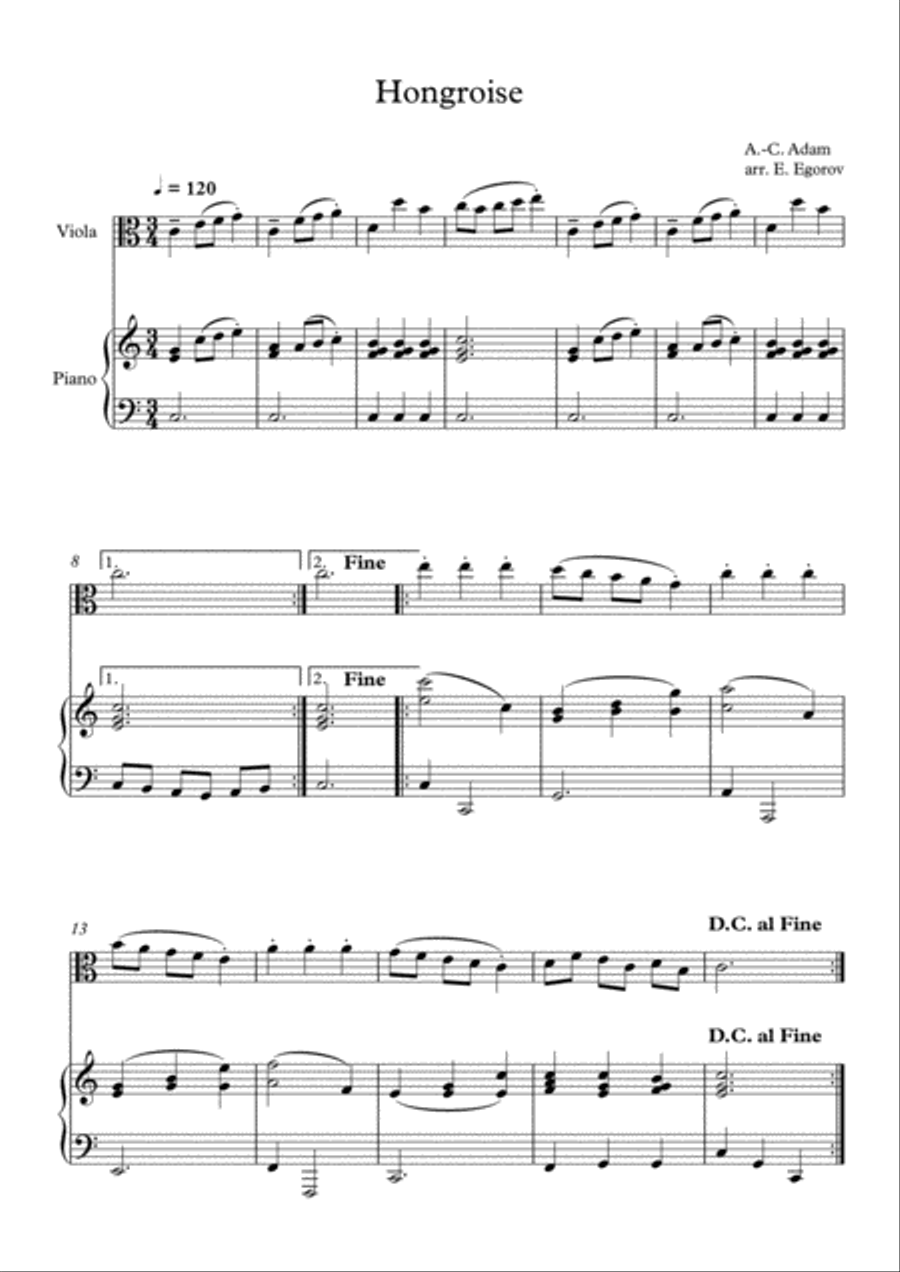 Hongroise, Adolphe-Charles Adam, For Viola & Piano Viola scores gallery preview page 1