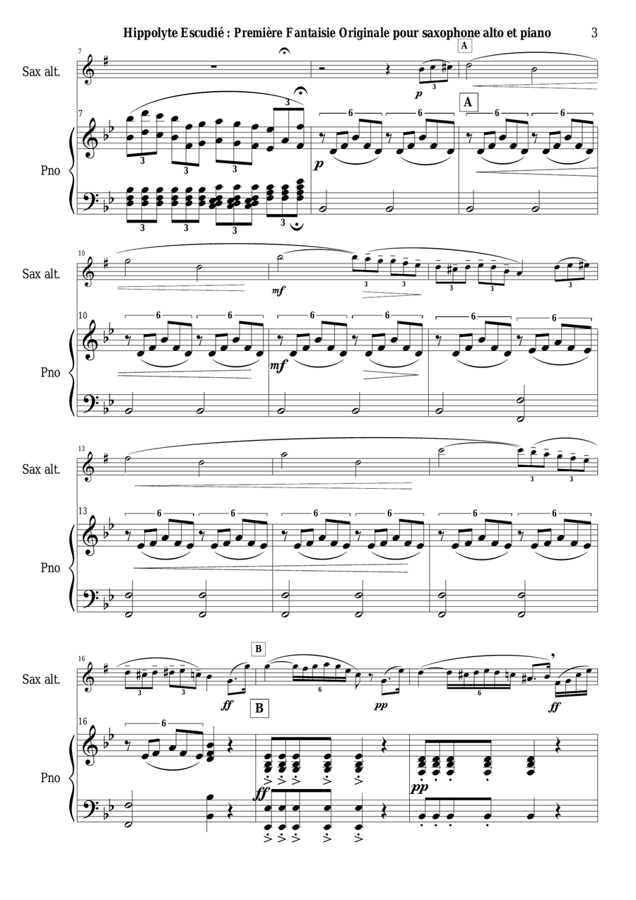 Hippolyte Escudié: Première Fantaisie Originale for alto saxophone and piano Alto Saxophone scores gallery preview page 3