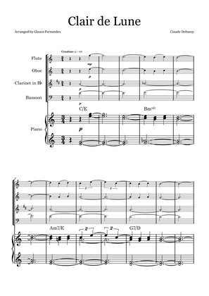 Book cover for Clair de Lune by Debussy - Woodwind Quartet with Piano and Chord Notation