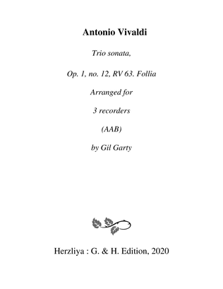 Book cover for Trio sonata Op.1, no.12 RV 63 "La Follia" (Arrangement for 3 recorders (AAB or AAT))