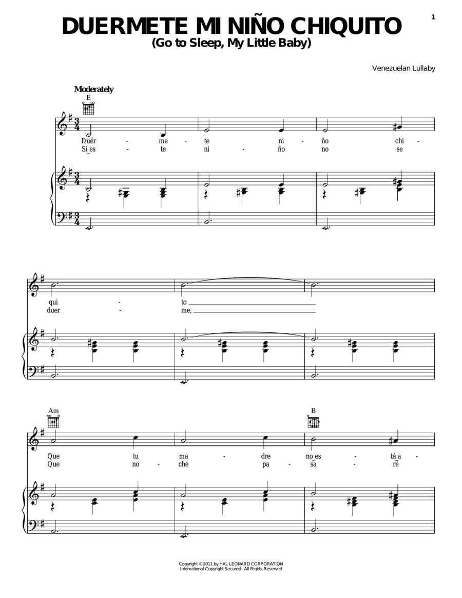 Duermete Nino Chiquito (Go To Sleep My Little Baby) Piano, Vocal, Guitar scores gallery preview page 1