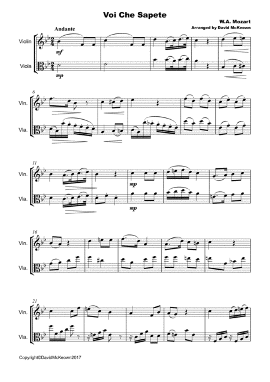 Voi Che Sapete, W A Mozart. Duet for Violin and Viola. String Duet scores gallery preview page 2