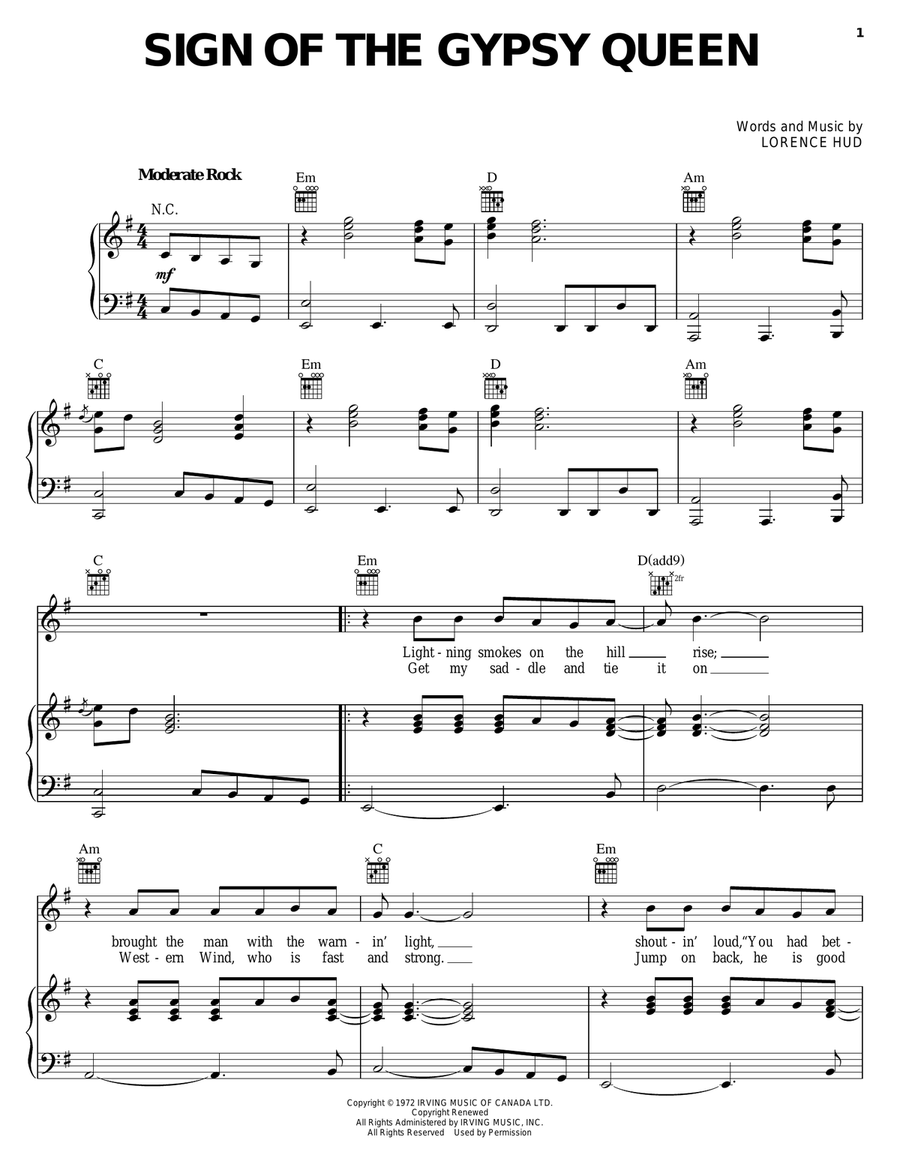 Sign Of The Gypsy Queen Piano, Vocal, Guitar scores gallery preview page 1