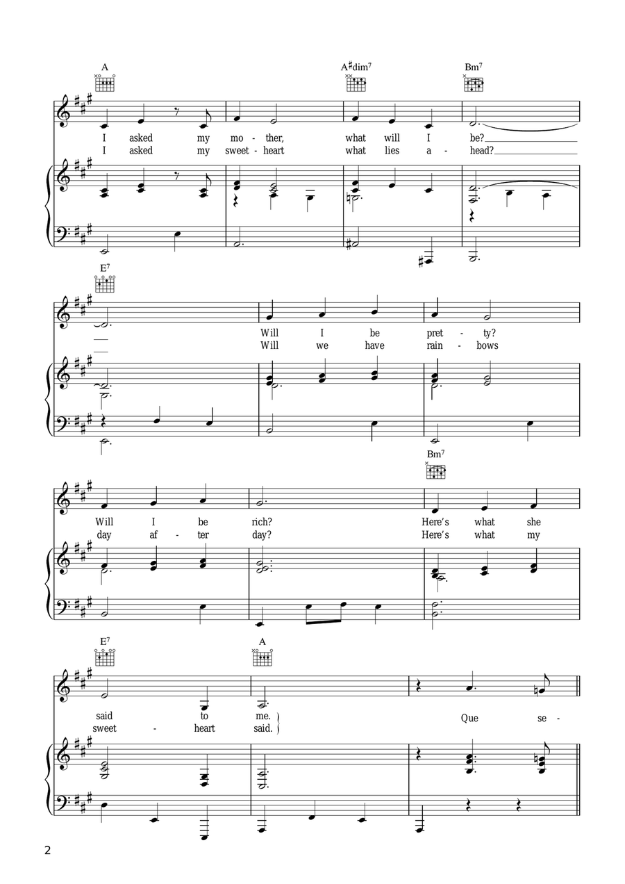 Que Sera, Sera (Whatever Will Be, Will Be) Piano, Vocal, Guitar scores gallery preview page 2
