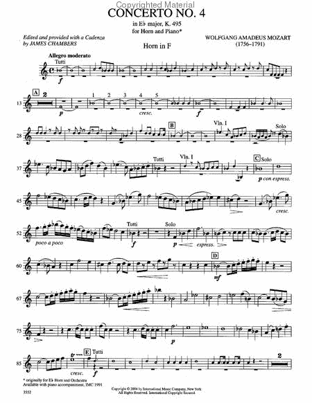 F Horn Part Only To The Concerto No. 4 In Eb Major, K. 495 For Horn And Piano (To Replace The Solo Horn In Eb Part)