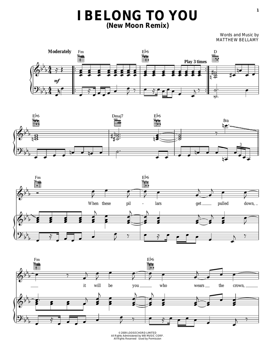 I Belong To You (New Moon Remix) Piano, Vocal, Guitar scores gallery preview page 1