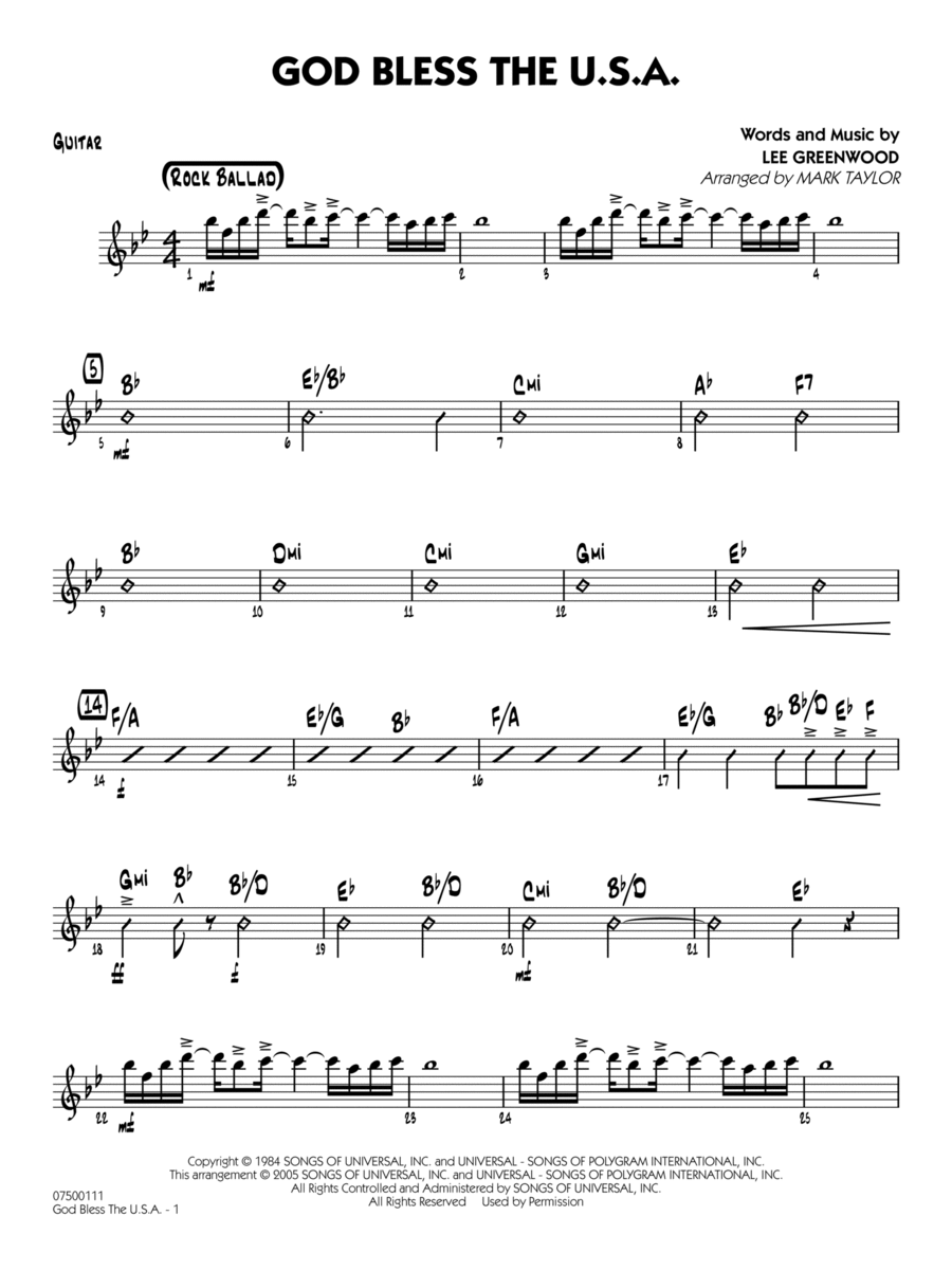 God Bless the U.S.A. (arr. Mark Taylor) - Guitar Jazz Ensemble scores gallery preview page 1