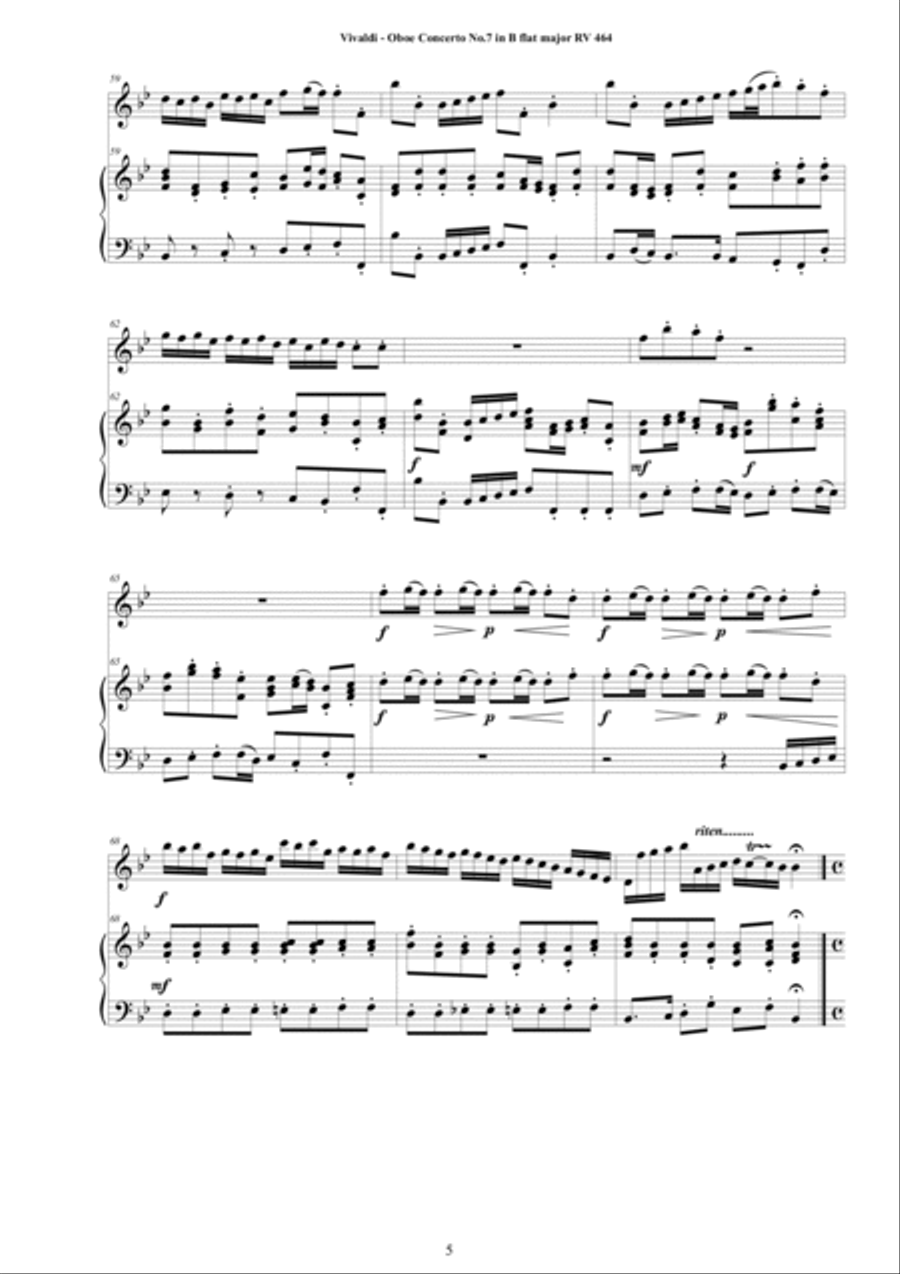 Vivaldi - Oboe Concerto No.7 in B flat RV 464 Op.7 for Oboe and Cembalo or Piano Harpsichord scores gallery preview page 5