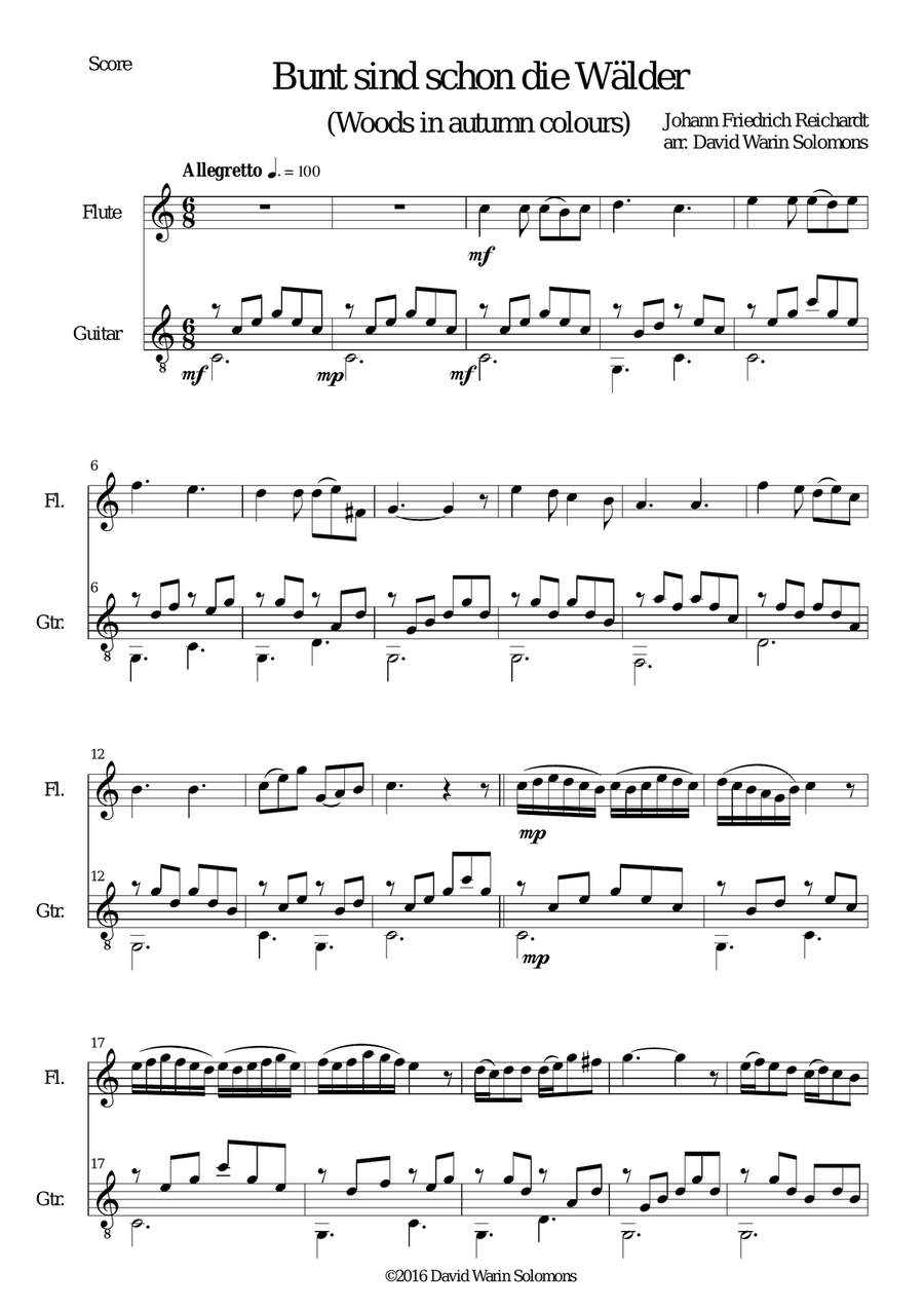 Bunt sind schon die Wälder (Woods in autumn colours) for flute and guitar Flute scores gallery preview page 1