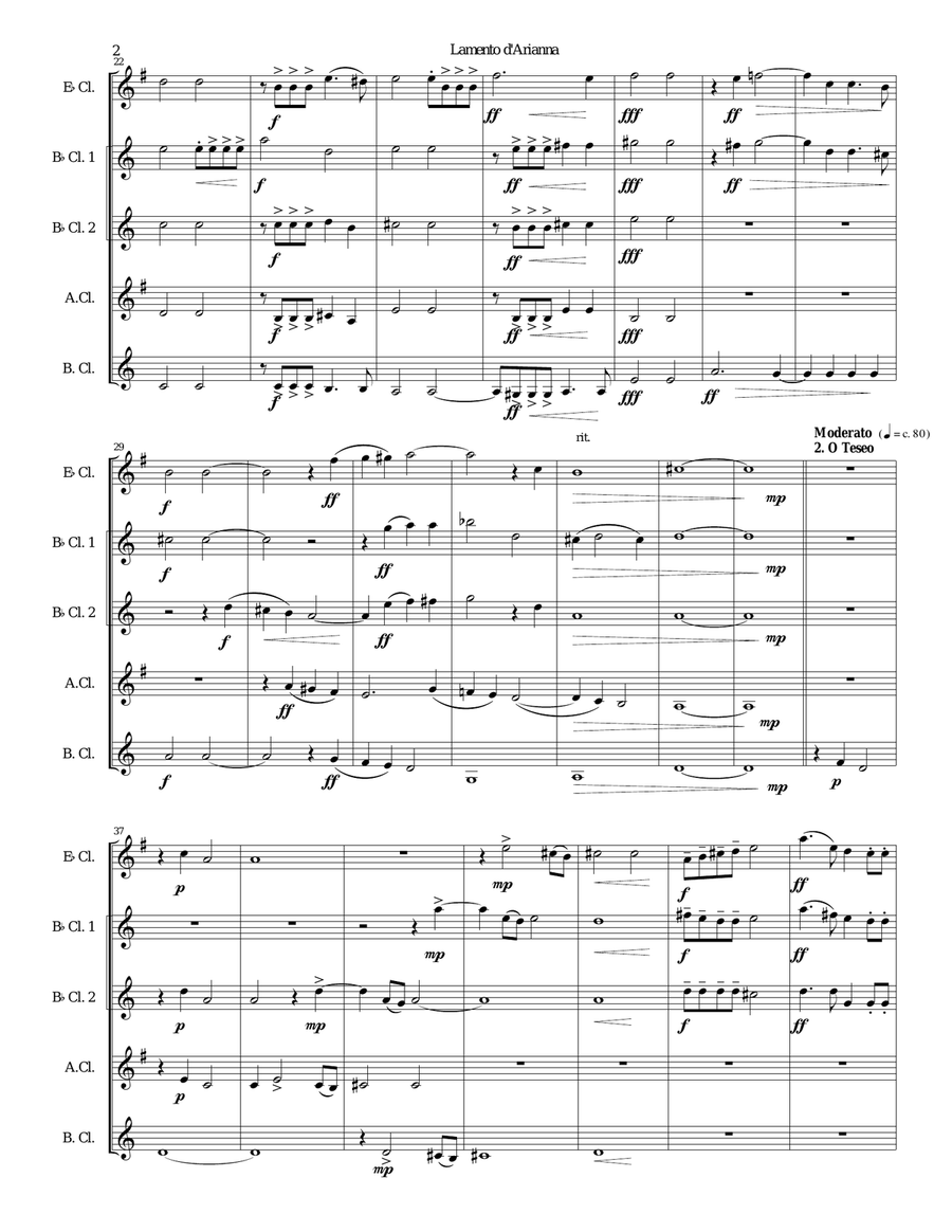 Lamento d'Arianna for clarinet quintet Clarinet Quintet scores gallery preview page 2