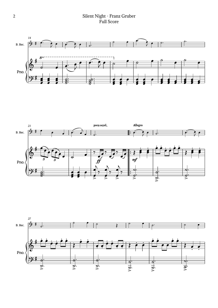 Silent Night for Bass Recorder and Piano Chamber Music scores gallery preview page 2