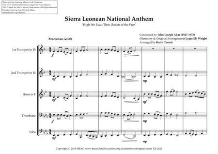 Sierra Leonean National Anthem "High We Exalt Thee, Realm of the Free'' for Brass Quintet image number null