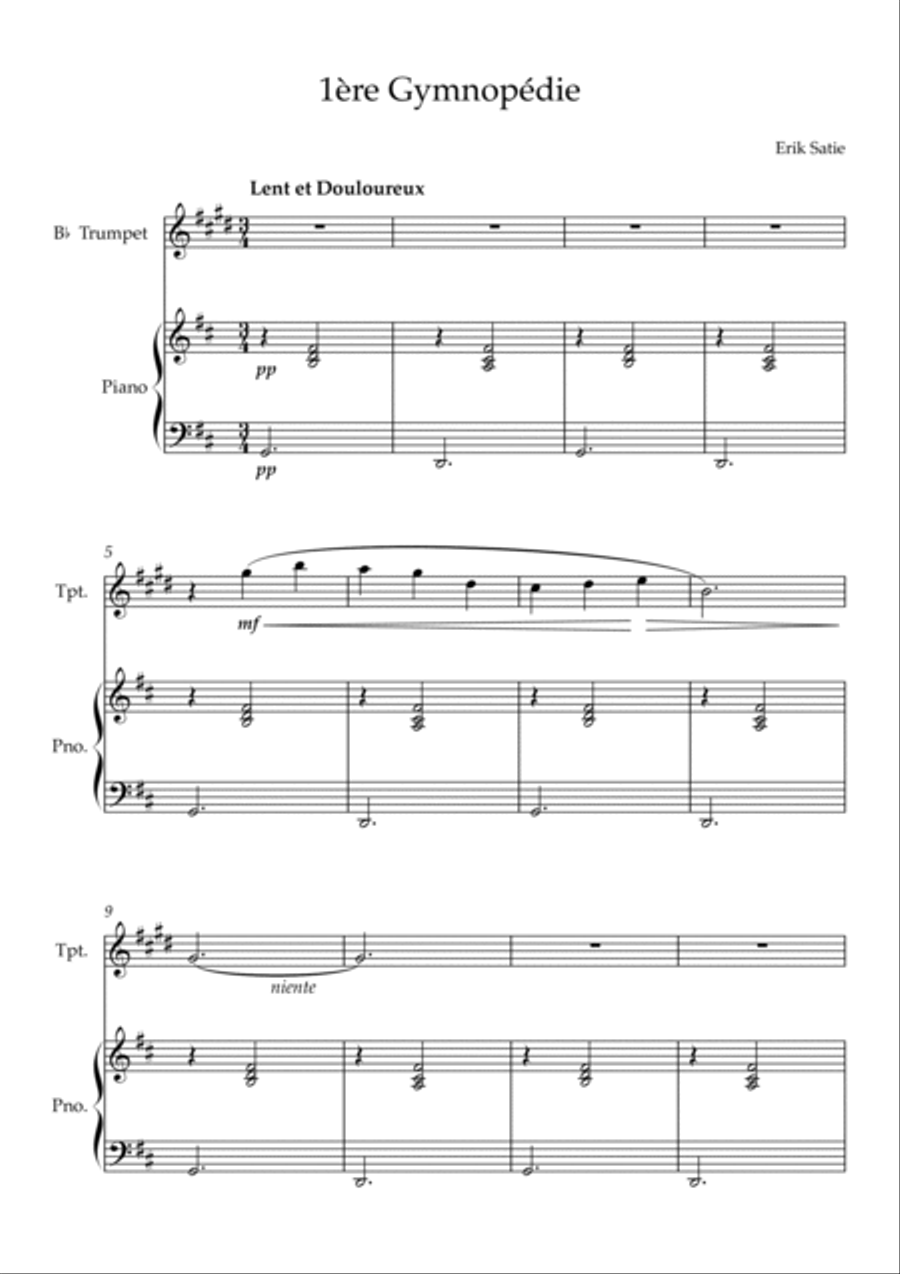 Gymnopédie No.1 - For Bb Trumpet and Piano (Transposed) w/ individual parts B-Flat Trumpet scores gallery preview page 2