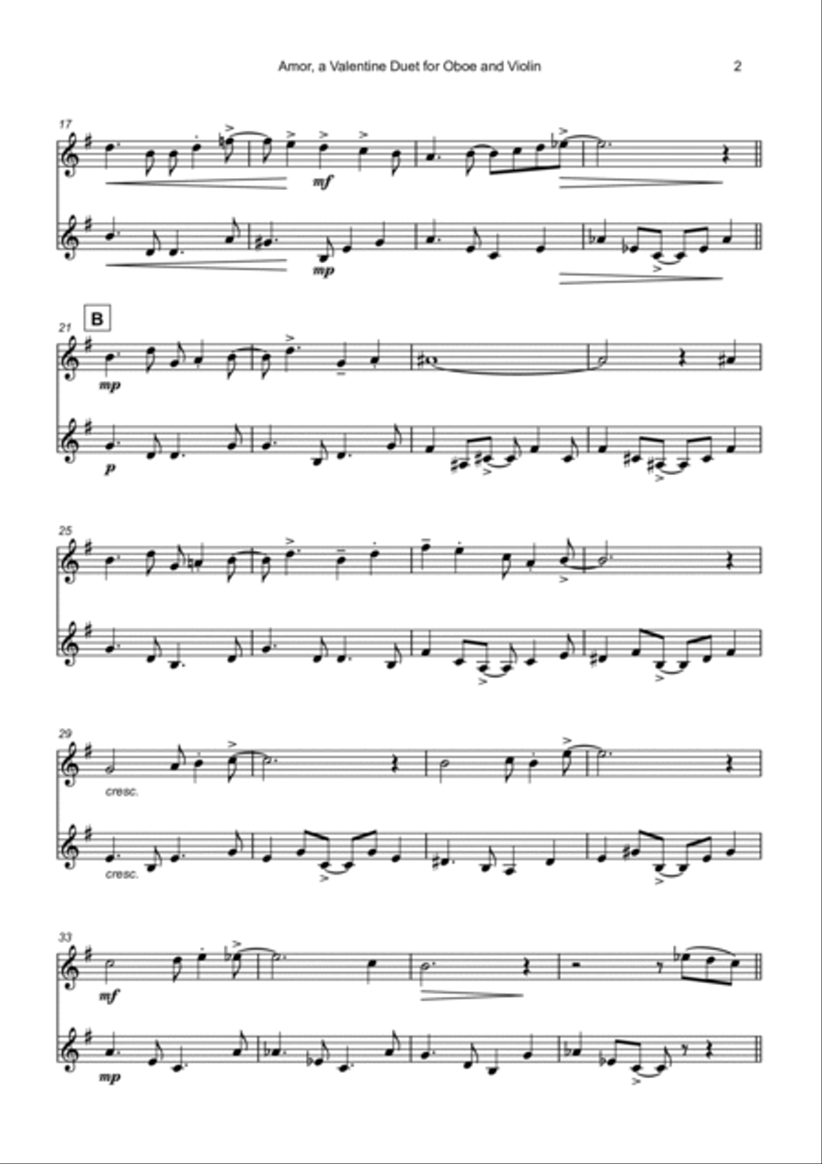 Amor, (Portuguese for Love), Oboe and Violin Duet Oboe scores gallery preview page 3