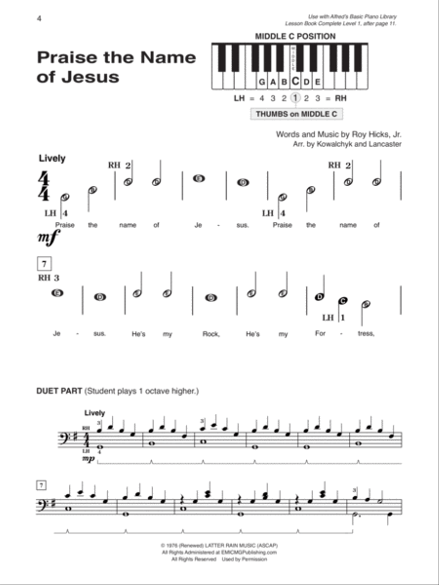 Alfred's Basic Piano Course Praise Hits Complete Level 1 Piano Method scores gallery preview page 2