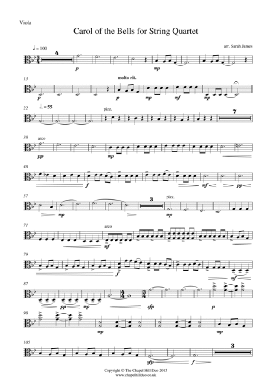 Carol of the Bells for String Quartet - Full Length arrangement by the Chapel Hill Duo String Quartet scores gallery preview page 6