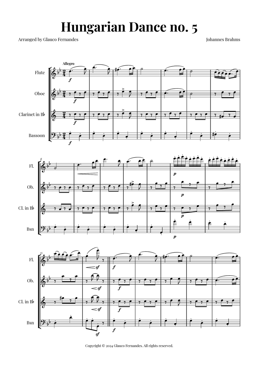 Hungarian Dance No. 5 Woodwind Quartet scores gallery preview page 1