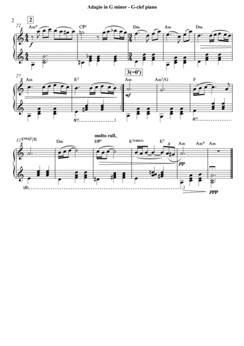 Albinoni (Tomaso) - Adagio in G minor - simplified arr. in A minor for G-clef piano/harp (GCP/GCH) image number null