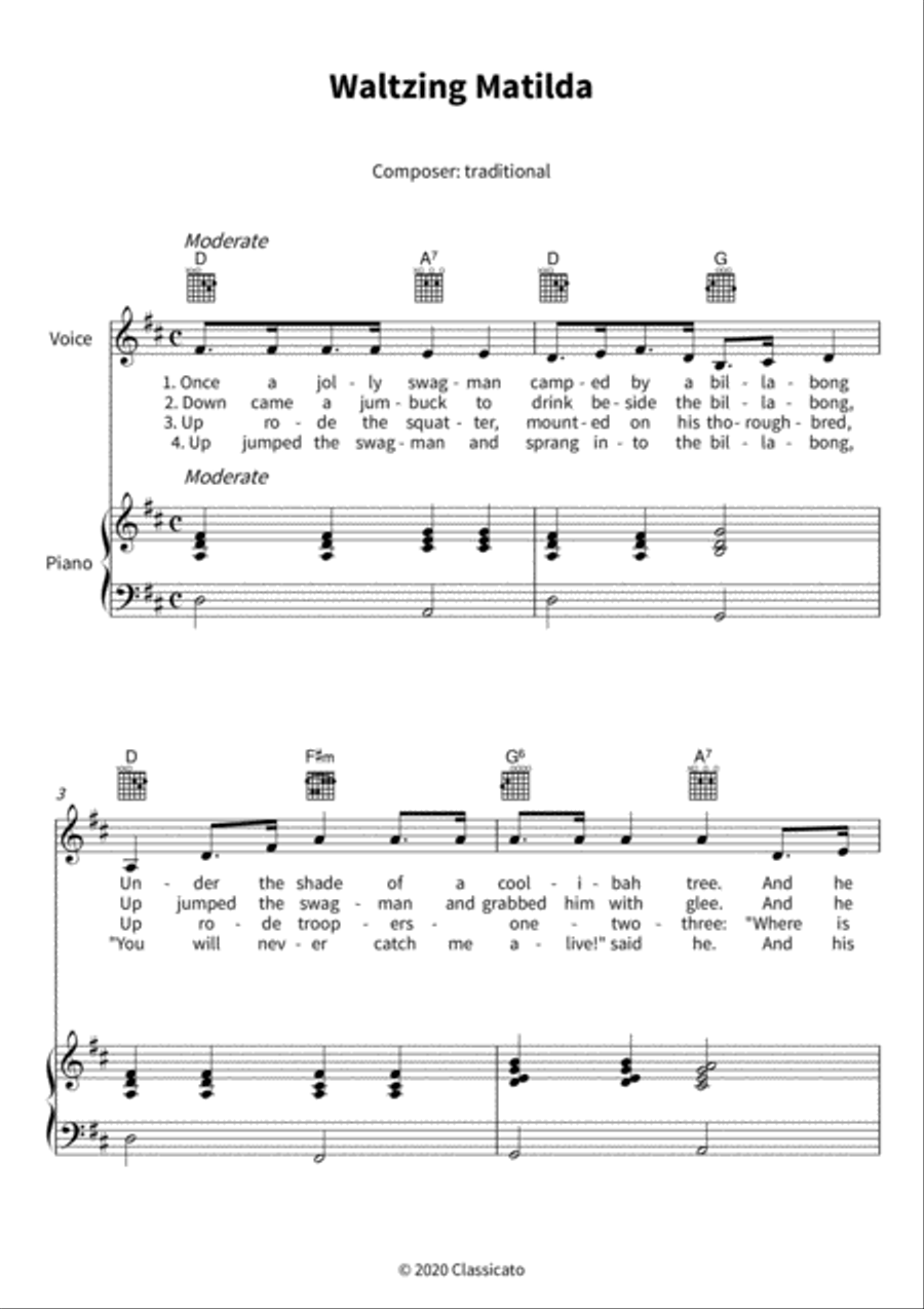 Waltzing Matilda Piano, Vocal, Guitar scores gallery preview page 3