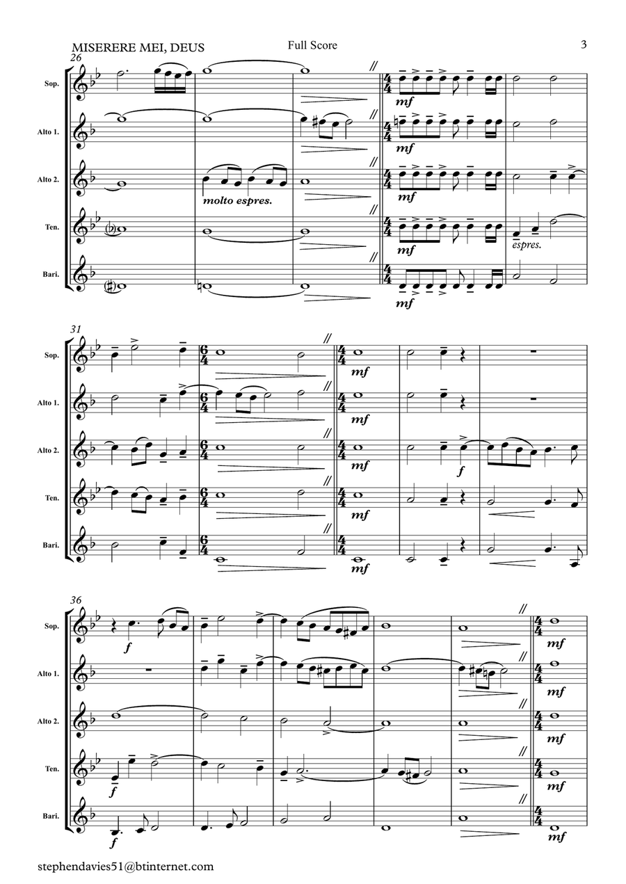 Miserere Mei, Deus by Gregorio Allegri (1582-1652) for Saxophone Quintet. Saxophone Quintet scores gallery preview page 3