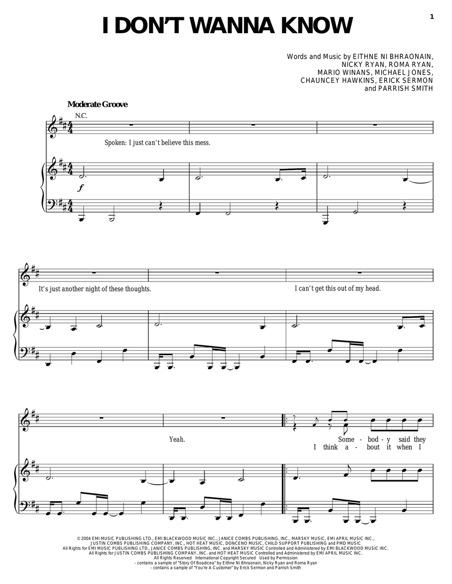 I Don't Wanna Know Piano, Vocal, Guitar scores gallery preview page 1