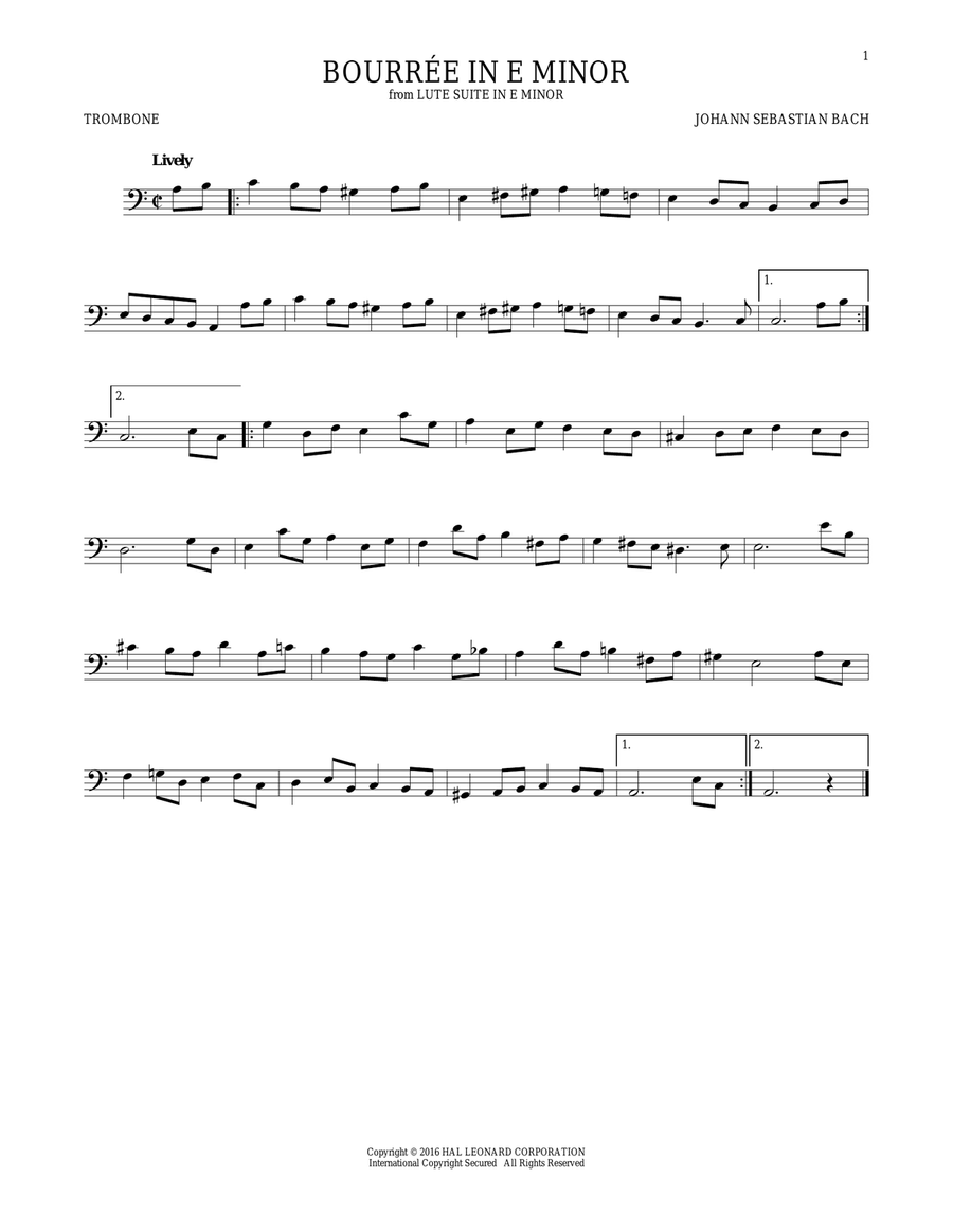 Bourree In E Minor Bourree In E Minor Trombone Solo scores gallery preview page 1